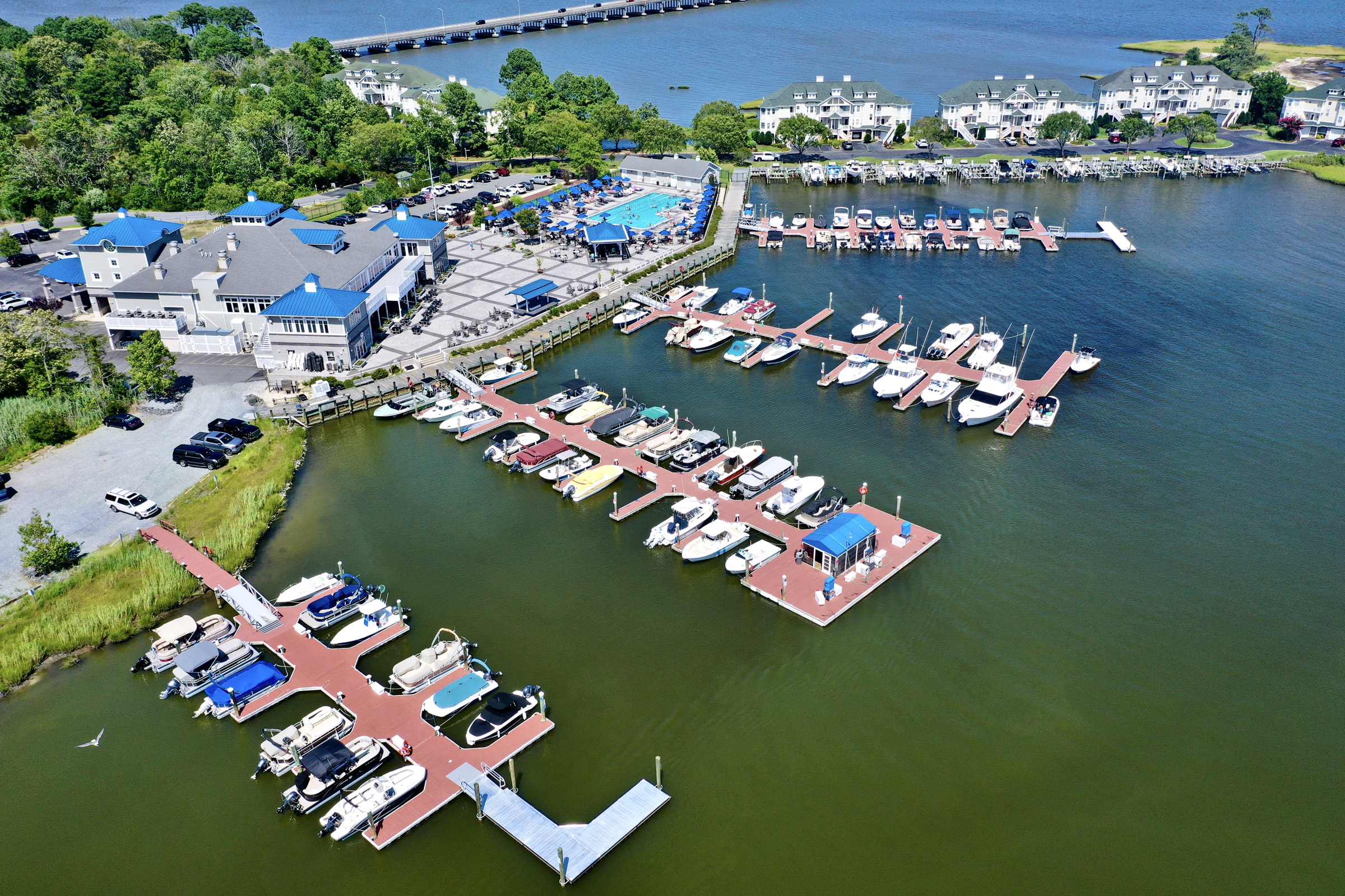 drone view of docked boats in OCMD.